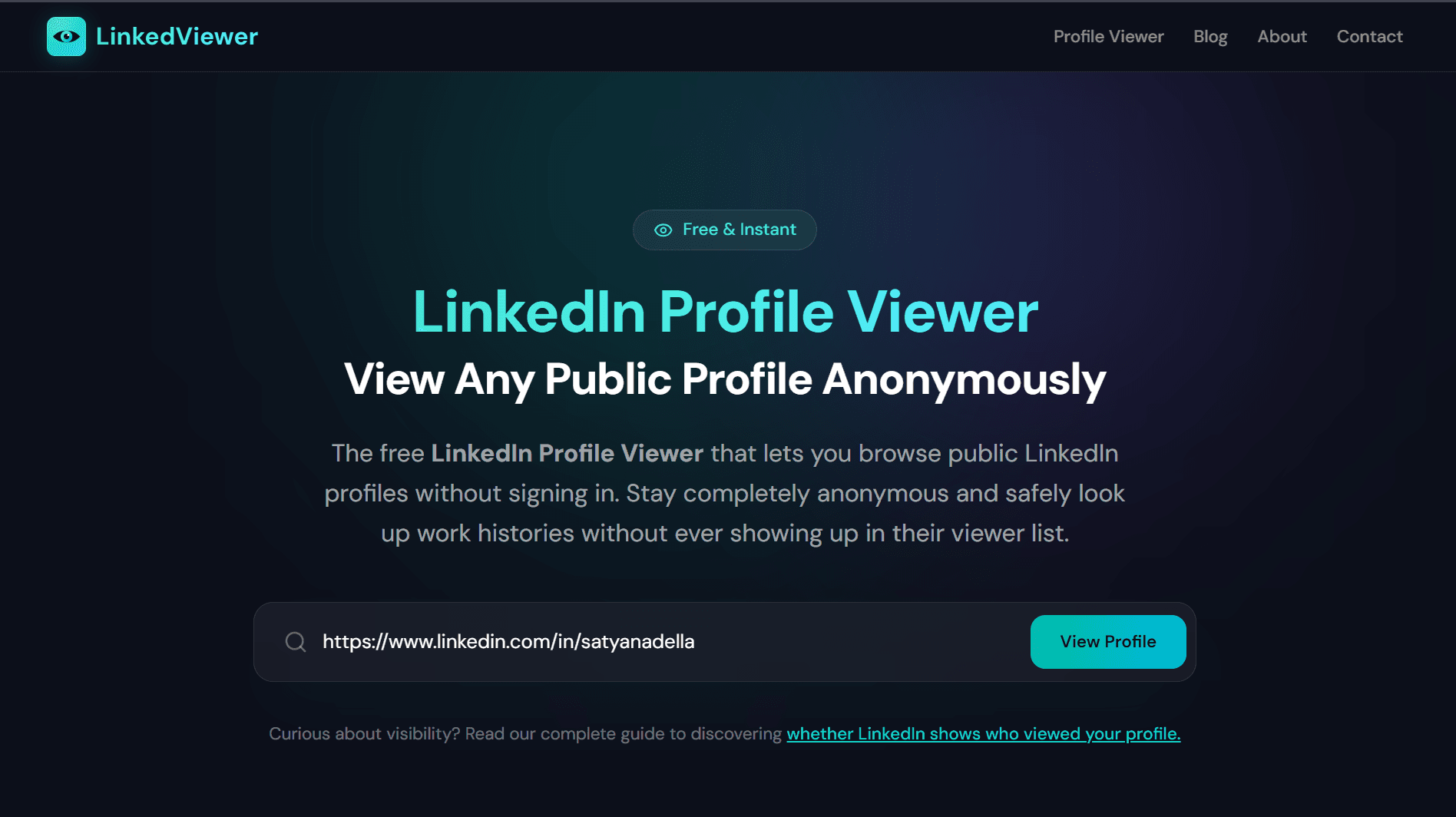 LinkedViewer homepage — paste any LinkedIn profile URL and view it anonymously without logging in